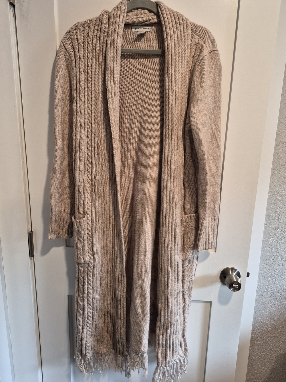 Fringed Open-Front Long Cardigan Sweater in Beige
